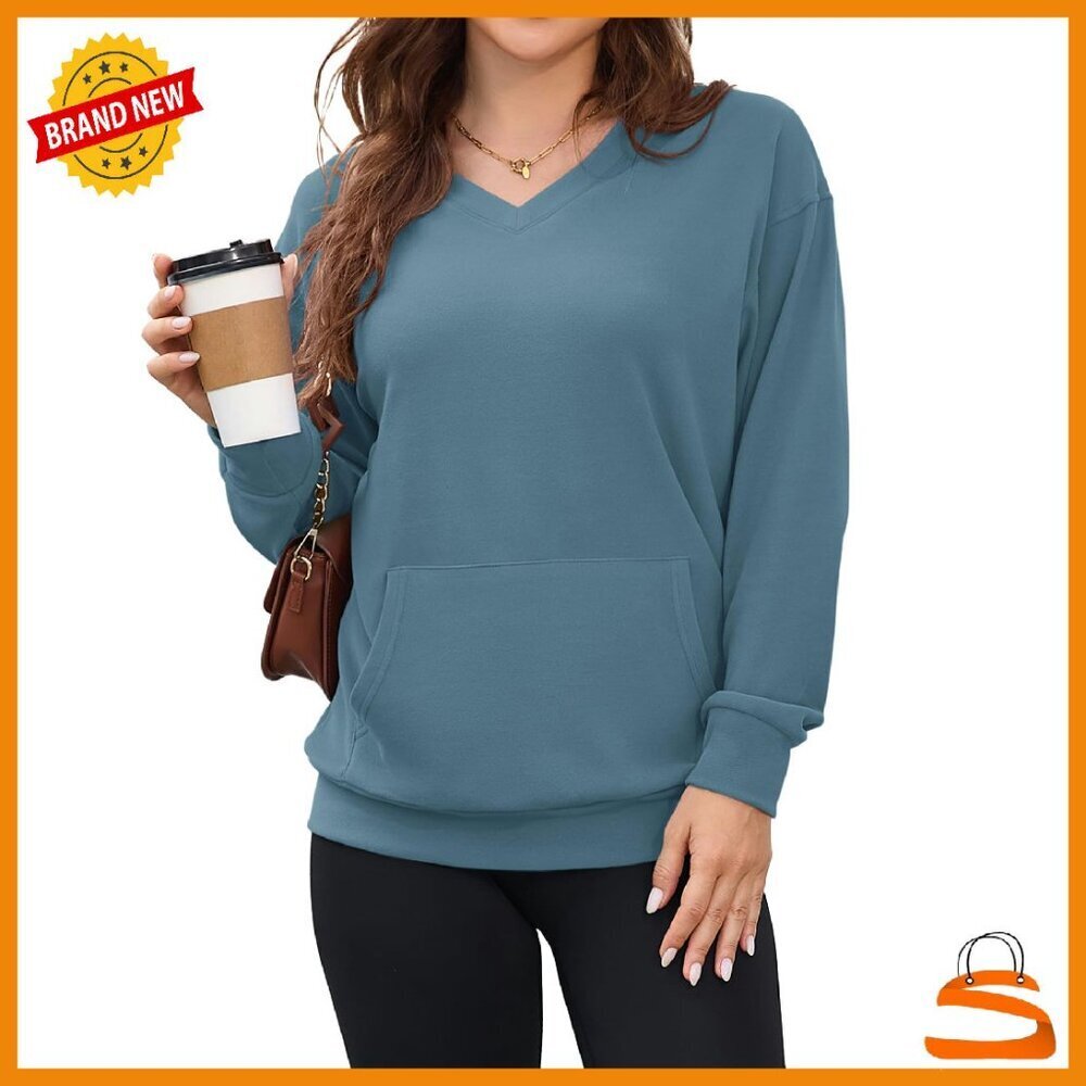 Long Sleeve V-Neck Sweatshirt with Pockets, Lightweight Pullover for Women